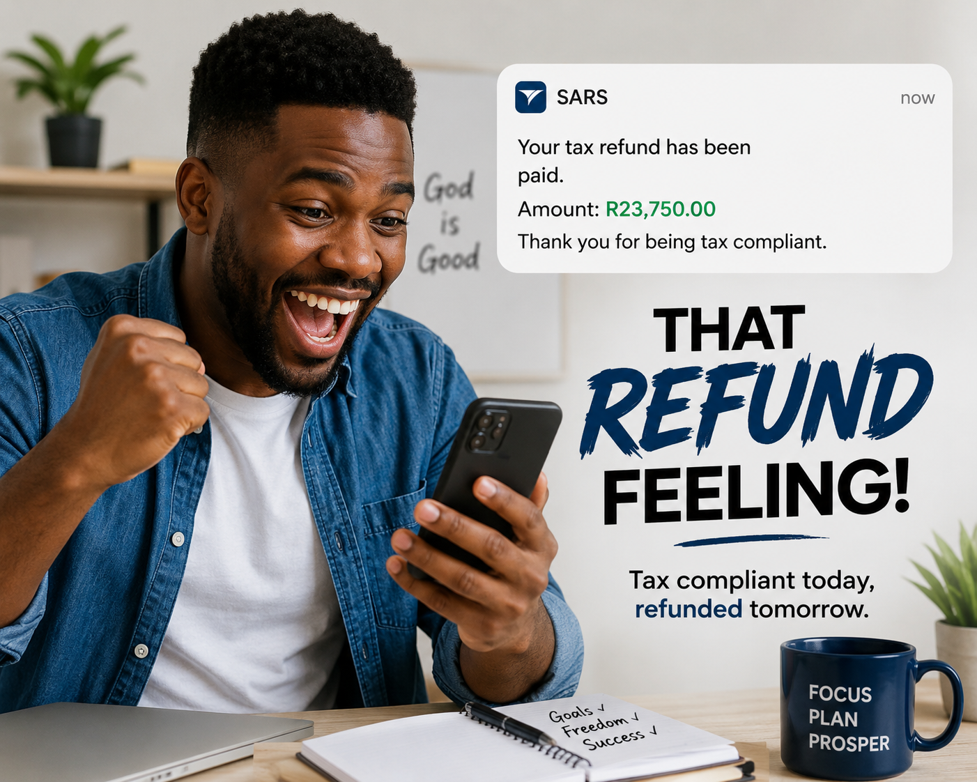 Happy South African taxpayer receiving SARS tax refund after Admin Boss auto assessment review